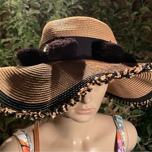 Betsey Johnson straw hat with black Pom poms